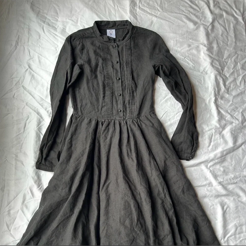 Black Cottagecore Linen Son De Flor Midi Dress Size Small - Picture 2 of 5